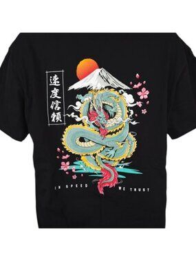 Japanese Tokyo Dragon T Shirt Mens Size Large Black Mt Fuji Cherry Blossoms USA